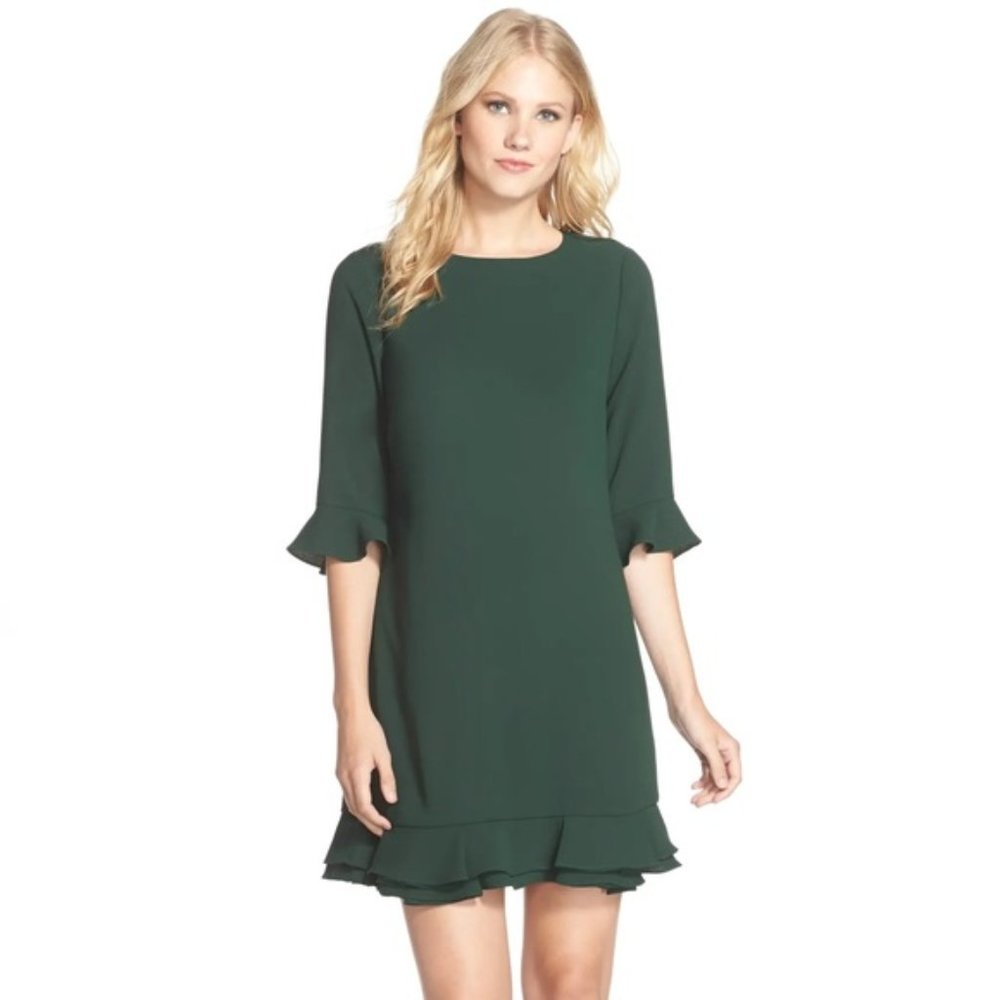 CeCe Women's Kate Ruffle Hem A-Line Crepe Dark Green Dress w/ Ruffle Hem Size 14